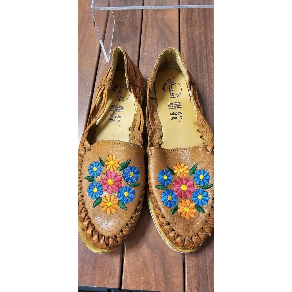 Women's Huaraches Artisanal Mexican sandals Handmade Leather Emb Flowers‎ Sz 8